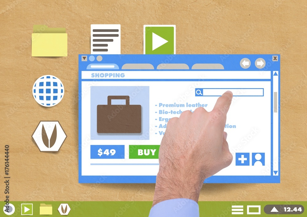 Poster hand touching shopping website window and folder and files icons