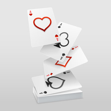 Vector set of four aces playing cards fall on the card deck.