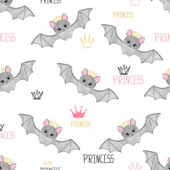 Seamless pattern with princess bat. Vector kids background.