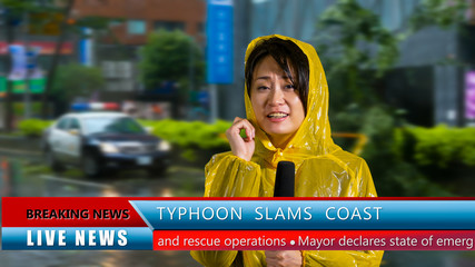 Weather reporter reporting on storm