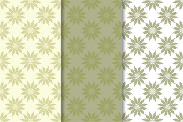 Set of  olive green floral backgrounds. Seamless patterns