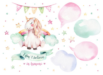 Isolated cute watercolor unicorn clipart. Nursery unicorns illustration. Princess rainbow unicorns poster. Trendy pink cartoon horse. © kris_art