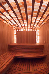 Interior of a Finnish sauna with a salt ceiling and a wall