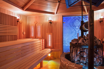 Interior of Finnish sauna, infrared panels for medical procedures