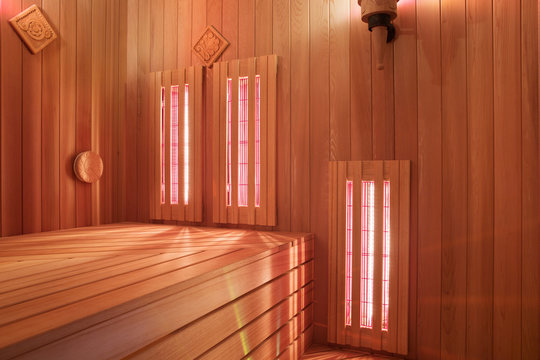 Interior of Finnish sauna, infrared panels for medical procedures