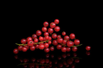 Redcurrants on black with genuine reflection.