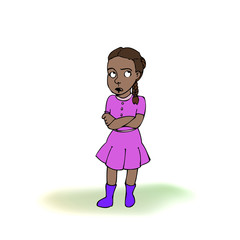 Dark skinned child, girl, teen, teenager in bad mood. Vector outlined illustration. Colored image, white background.