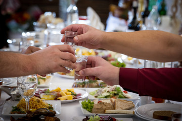 Hands clinking glasses with vodka at party