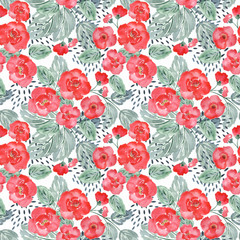 Seamless watercolor red flowers on white background.