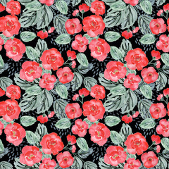 Seamless watercolor red flowers on a black background.