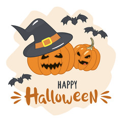 Halloween pumpkins with witch hat and inscription Happy Halloween. Vector illustration suitable for greeting cards, posters, invitations.