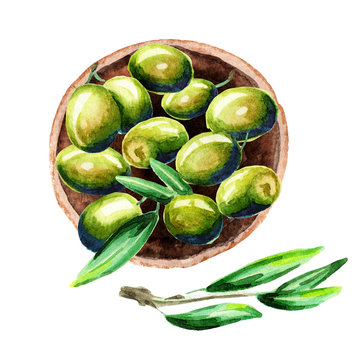 Plate of green olives, top view. Watercolor illustration
