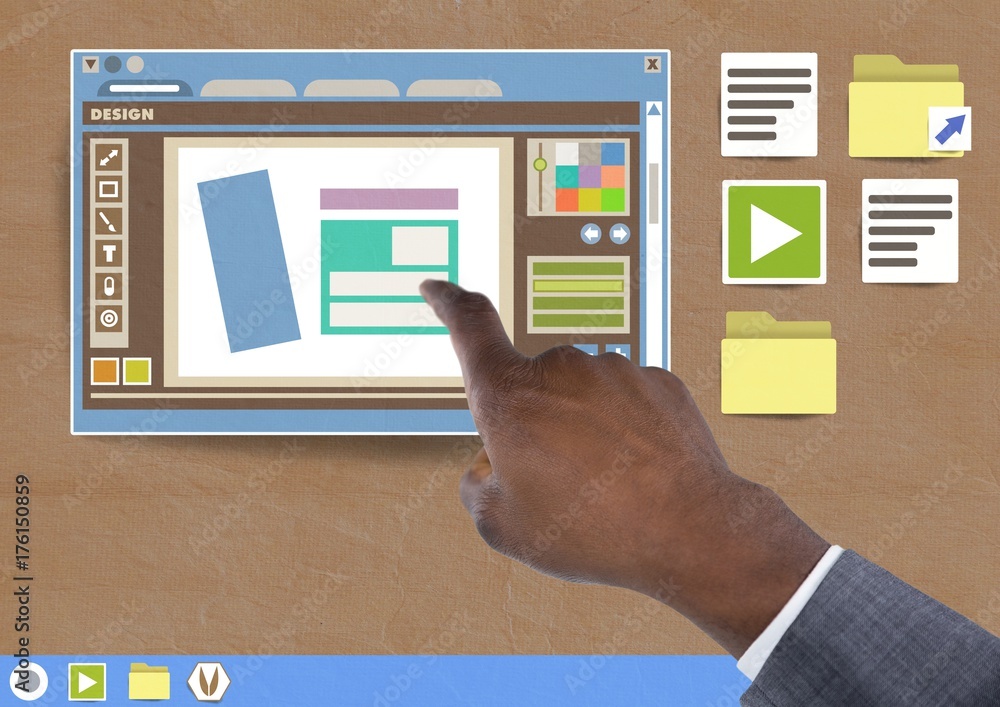 Poster hand touching design editor window and folder and files icons on
