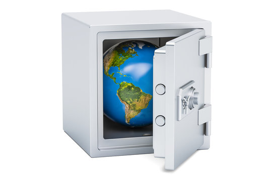 Earth Globe inside safe box. Security and protection concept, 3D rendering
