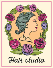 Logo for the beauty salon. Profile elegant girl with lips, curved eyelashes and beautiful hair. Perfect for Beauty Salon, Makeup Artist, Lash Studio, Hair. Vintage frame from roses.