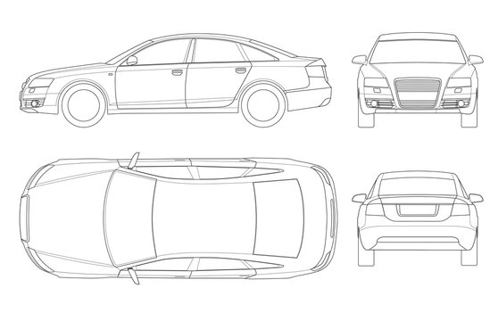 Sedan car in outline. Business sedan vehicle template vector isolated on white. View front, rear, side, top. All elements in groups