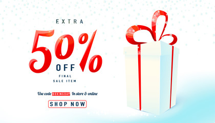 Boxing day sale background. Gift box on light backdrop