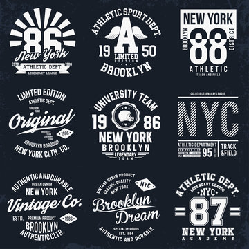 New York, Brooklyn typography, badges set for t-shirt print. Sports, athletic t-shirt patches. T-shirt graphics