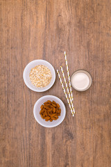 Alternative vegan almond  and oat milk, source of fat and protein