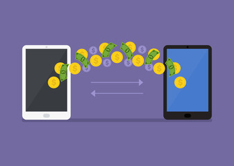  Transaction money from phone to phone. Vector flat cartoon illustration