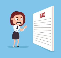 Business woman office worker character shocked and sad from tax document. Vector flat cartoon illustration