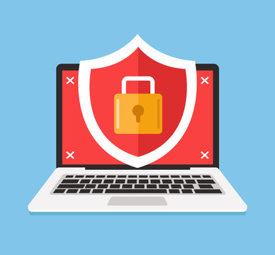  Secure laptop locked. Data and privet information protection concept. Vector flat cartoon illustration