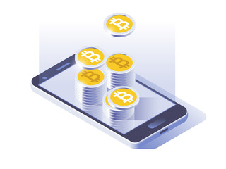 Bitcoin online currency payment and wallet concept. Smart phone screen with money. Vector illustration 3d design.