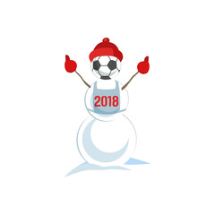 Snowman with soccer ball icon. Freehand drawn colorful cute cartoon man from snow in red hat. Design idea for football match, sport game or template season greeting card for 2018. Vector illustration