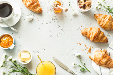 Continental breakfast on stone table from above - flat lay - obrazy, fototapety, plakaty
