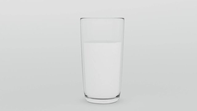 Animated milk pouring into the clear glass on grey background.