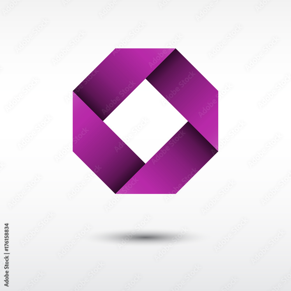Poster modern geometric infinite square loop logo with shadow. origami style icon in purple color.