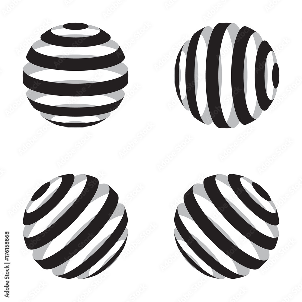 Poster collection of globe vector set with black stripes. illustration of a stripped 3d style abstract geom