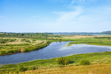 Empty rural Russian landscape. Sorot river