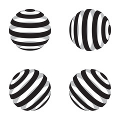 Collection of globe vector set with black stripes. Illustration of a stripped 3d style abstract geometric set isolated on white background.