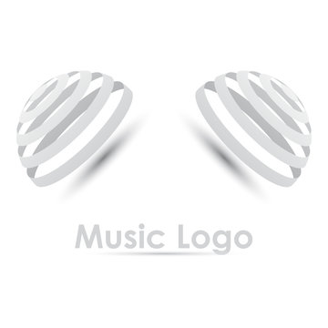 Minimal style music logo with futuristic headphone design and shadow isolated on white background.