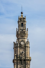 Fototapeta na wymiar Clerigos Tower (architect Nicolau Nasoni, 1763), part of Clerigos Church, is one of paradigmatic architectural landmarks of Porto, 76 meters high. Portugal.