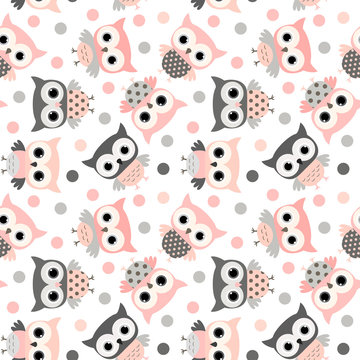Cute pink and grey cartoon owls seamless pattern for kids and babies designs, invitations and clothing