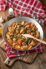 Fried chicken pieces with vegetables.