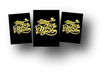 The Happy New Year greeting Card. 3D. Gold on Black font