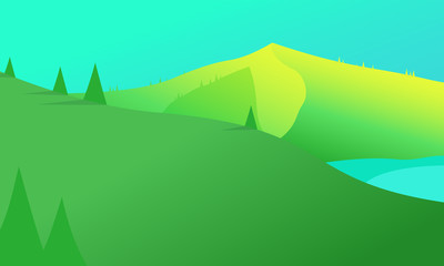 Obraz premium Summer mountain scenery with pine trees and hills.