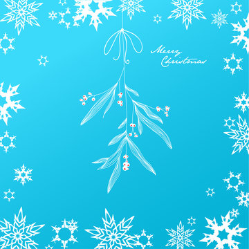 Handwritten Christmas illustration with hanging mistletoe - blue version