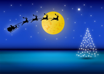 Babbo Natale sulla slitta che sta volando tra le stelle nel paesaggio invernale