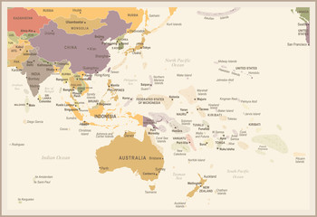 East Asia and Oceania Map - Vintage Vector Illustration