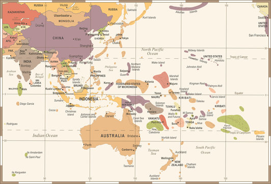 East Asia and Oceania Map - Vintage Vector Illustration
