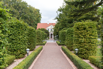 Formal garden and building at the Oliwa Park (Park Oliwski). It's a public park in Gdansk, Poland.