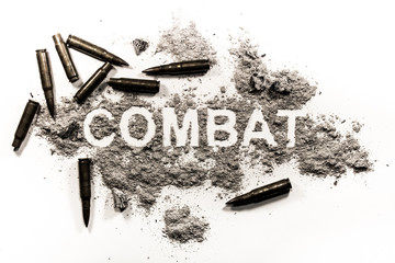 Combat word in grey dust and bullets as a aggression