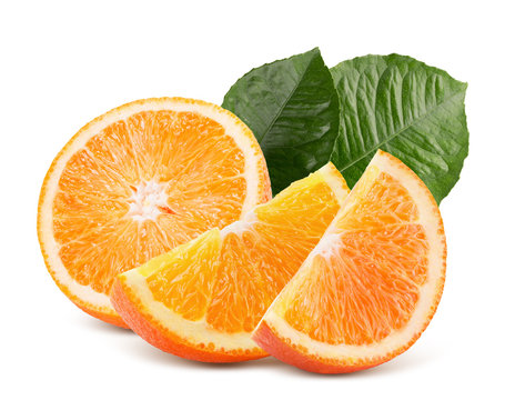 orange with halves of orange with leaves isolated on a white background