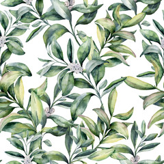 Watercolor winter floral pattern. Hand painted snowberry branch 