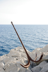 Old anchor on the rocky shore of the ocean. 