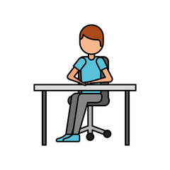 cartoon man sitting on chair with table